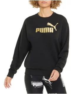 Cheap 😍 PUMA ESS Metallic Logo Crew Sweater Black Gold Foil 🤩