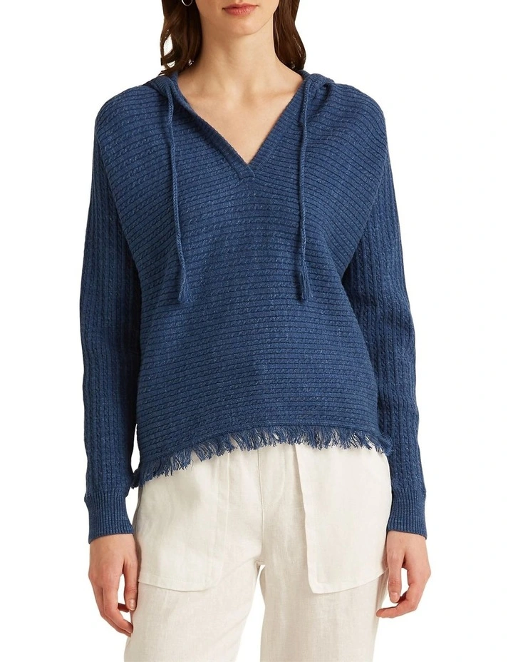 Discount π Lauren Ralph Lauren Fringe-Trim Cable-Knit Hoodie In Blue βοΈ