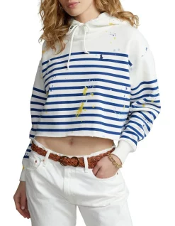 Outlet 🔔 Polo Ralph Lauren Paint-Splatter Striped Oversize Hoodie In White/Blue 😉