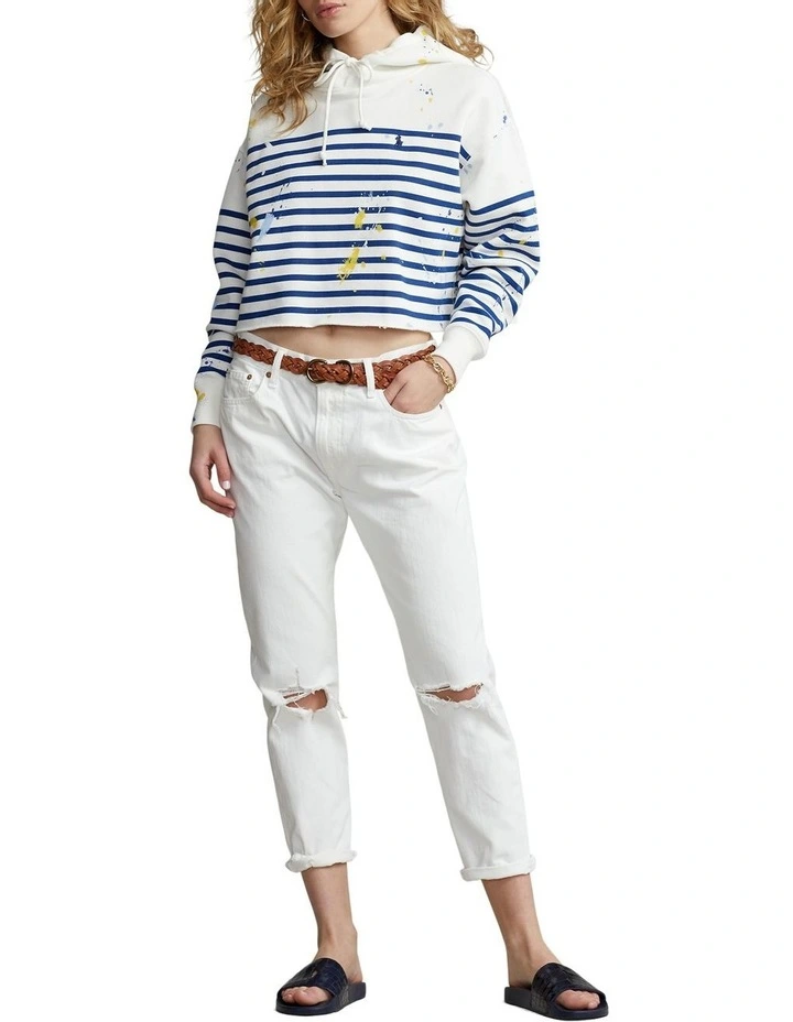 Outlet π Polo Ralph Lauren Paint-Splatter Striped Oversize Hoodie In White/Blue π - Image 3