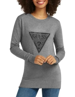 New 🛒 Guess Paulette Round Neck Long Sleeve Sweater Medium Charcoal Heat 🎁