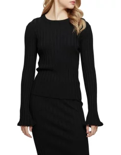 Outlet ⌛ Oxford Elle Rib Crew Neck Knit Top Black ⭐