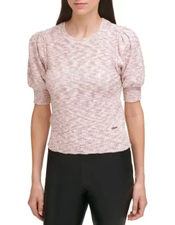 Discount 😍 DKNY Short Sleeve Puff Sleeve Marled Sweater Ivory/Terrine ✨