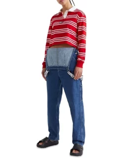 New 💯 Tommy 👖 Jeans Boxy Crop Badge Stripes Polo In Deep Crimson 😀