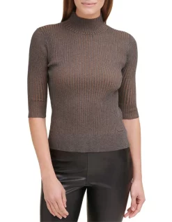 Flash Sale ⌛ DKNY Elbow Sleeve Mock Neck Contrast Sweater Graphite 🔥