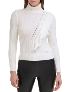 Wholesale 👏 DKNY Turtleneck Fringe Front Sweater Ivory 😉