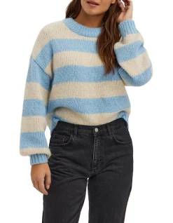 Buy 🤩 Vero Moda Newwine O-Neck Knit Blue Bell Stripe 🥰
