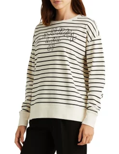 Cheapest 🛒 Lauren Ralph Lauren Striped Logo French Terry Pullover In Cream 🛒