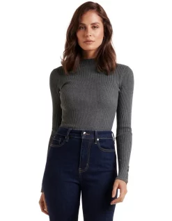 New 🎉 Forever New Selma Rib Stand Neck Knit Top In Grey 🌟