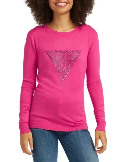 Best Pirce 💯 Guess Paulette Round Neck Long Sleeve Sweater Full Bloom Pink 👍