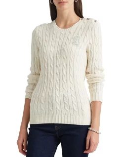 Deals ✨ Lauren Ralph Lauren Button Trim Cable Knit Sweater Cream 👏