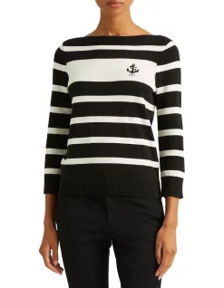 Cheap ❤️ Lauren Ralph Lauren Striped Cotton Boatneck Sweater In Black ✨