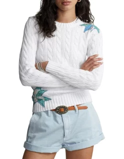 Wholesale π Polo Ralph Lauren Quilted-Motif Cable-Knit Cotton Sweater In White π