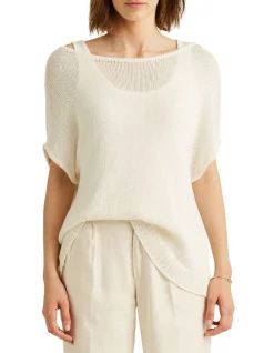 New 👏 Lauren Ralph Lauren Linen-Blend Short-Sleeve Sweater In Cream 👍