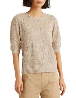 Best Pirce 🥰 Lauren Ralph Lauren Chevron Pointelle Linen Sweater In Tan Brown ✔️