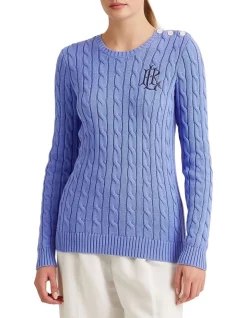 New π€© Lauren Ralph Lauren Button-Trim Cable-Knit Sweater In Blue π€©