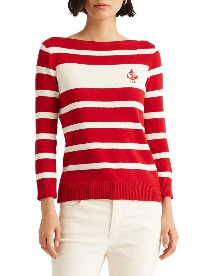 Promo β Lauren Ralph Lauren Striped Cotton Boatneck Sweater In Red β