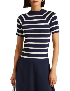 Hot Sale 👏 Lauren Ralph Lauren Striped Short Sleeve Sweater In Navy Blue 🛒