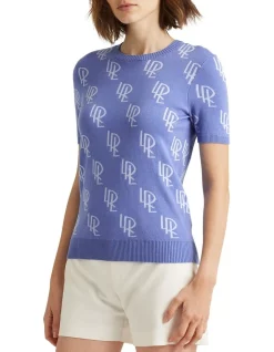 Promo 🛒 Lauren Ralph Lauren Logo Double-Knit Jacquard Sweater In Blue 🥰