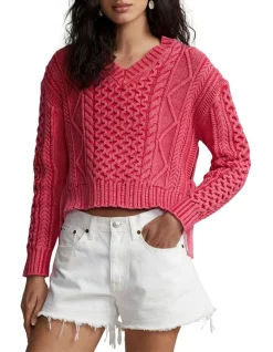 Outlet 🔔 Polo Ralph Lauren Aran-Knit Cotton V-Neck Sweater In Pink 👍