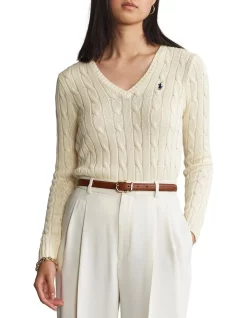 Buy 🤩 Polo Ralph Lauren Cable-Knit V-Neck Sweater In Cream ✔️