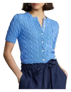 Hot Sale 🌟 Polo Ralph Lauren Cable-Knit Elbow-Sleeve Cotton Cardigan In Blue ✔️