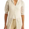 New 😉 Lauren Ralph Lauren Pointelle Linen Puff-Sleeve Cardigan In Cream 🔥