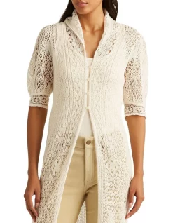 New 😉 Lauren Ralph Lauren Pointelle Linen Puff-Sleeve Cardigan In Cream 🔥
